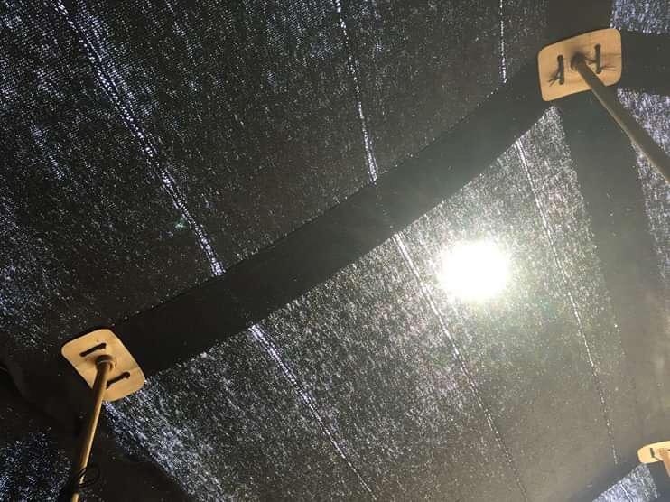 The ceiling of the black tent consist of gabled panels, sewn together, erected on poles. Wiew from the inside, Western Taurus, South Western Turkey, 2018