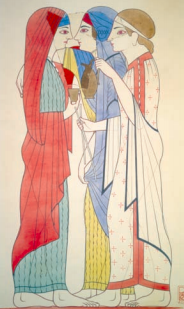 Reproduction of a Phrygian fresco found in Western Turkey showing the clothing of women at that period in Phrygia