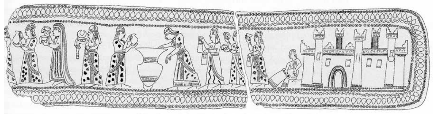 Drawings on an Urartian Belt, having a woman holding a textile piece, Iron age, Eastern Turkey