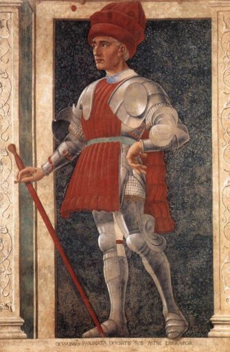 Genovese Defender of Constantinople having Turkey Red costume. Painting of Andrea Del Castagno, mid-15th century