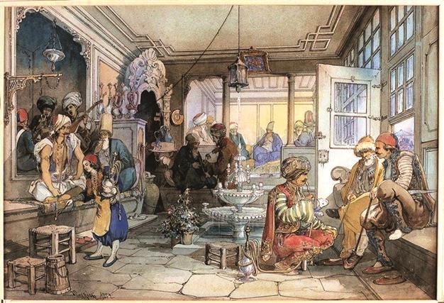An orientalist gravure of late 18th century, depicting a coffee house in Istanbul