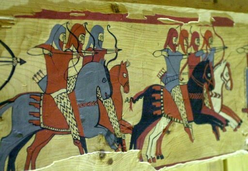 Reproduction of the fresco depicting the Lydian soldiers in their costumes. Iron age, Western Turkey