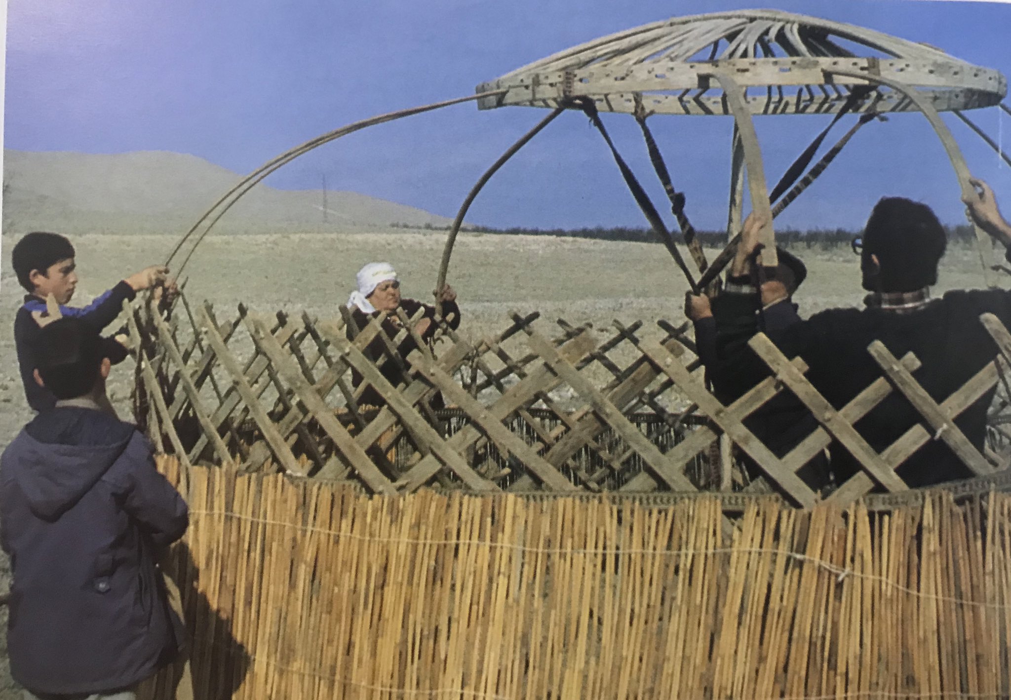 Reed screens going around the tent, "uğ" sticks added to "tünlük" (the ceiling, uniting the walls and the upper part of Anatolian Tukmen tent, Derim, united to form the wall of the Anatolian Turkmen Tent, Bayat Tribe, Emirdag pasture, Afyon, West-Central Turkey, 1980s