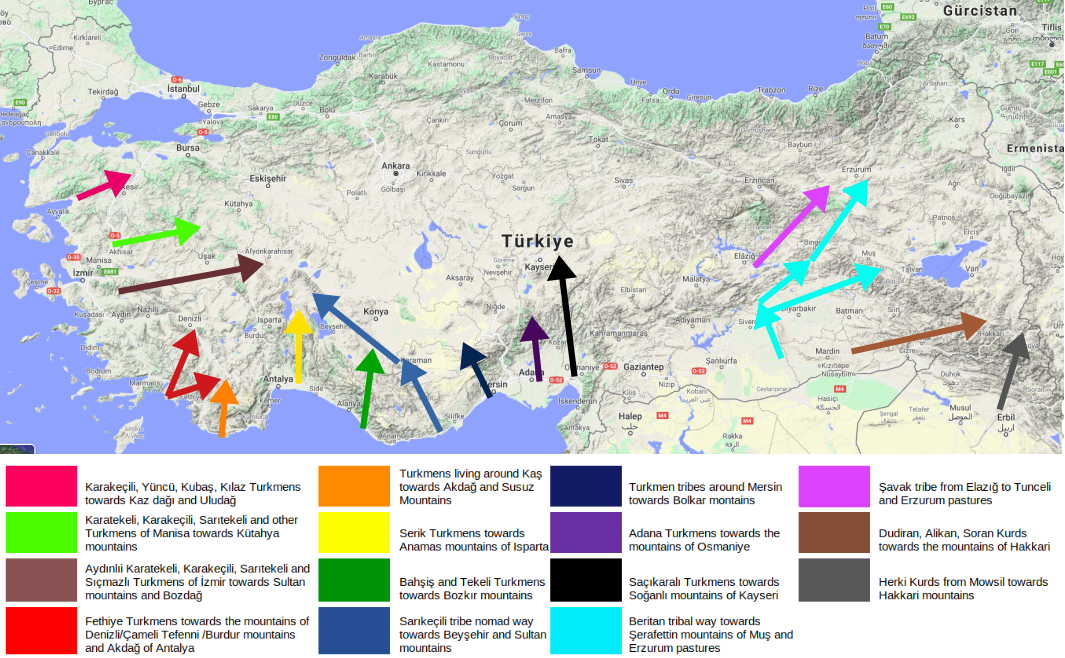 Main nomadic routes used by the tribespeople of Turkey