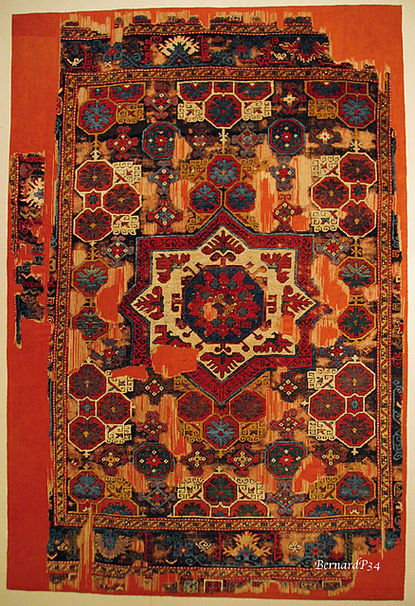 Turkish pie carpet fragment from Konya area, 17th Century, Cental Turkey, Turkish and Islamic Arts Museum